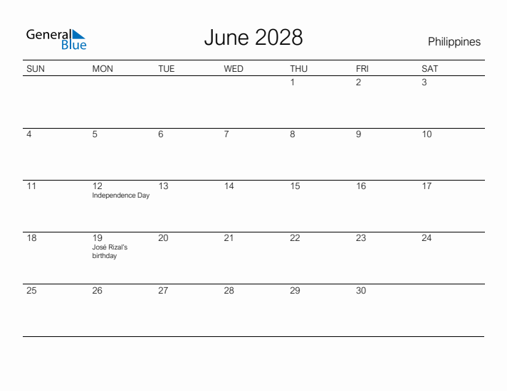 Printable June 2028 Calendar for Philippines