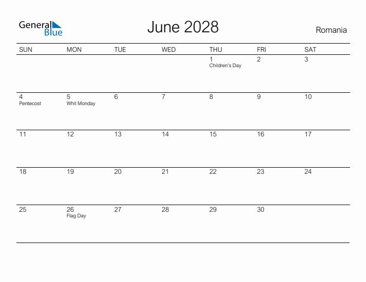 Printable June 2028 Calendar for Romania