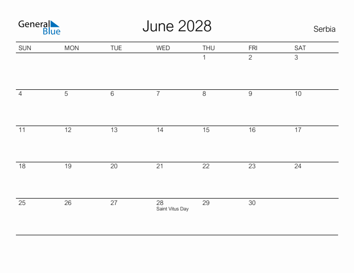 Printable June 2028 Calendar for Serbia