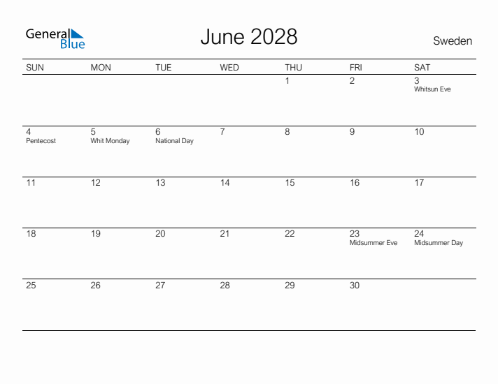 Printable June 2028 Calendar for Sweden