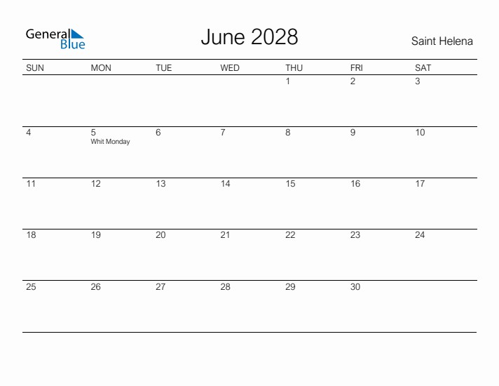 Printable June 2028 Calendar for Saint Helena