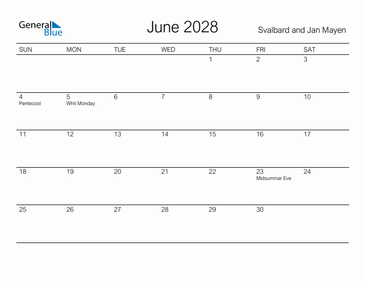 Printable June 2028 Calendar for Svalbard and Jan Mayen