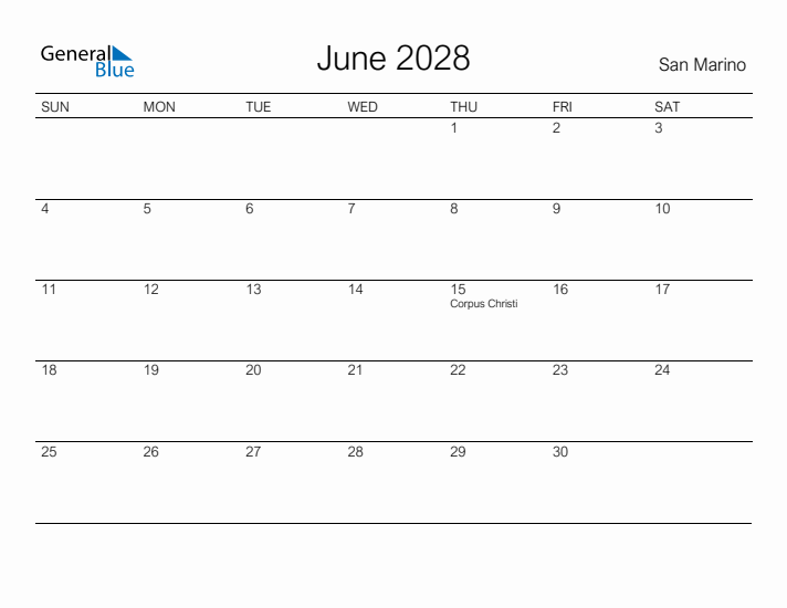 Printable June 2028 Calendar for San Marino