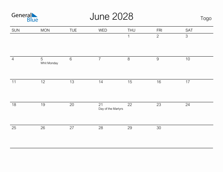 Printable June 2028 Calendar for Togo