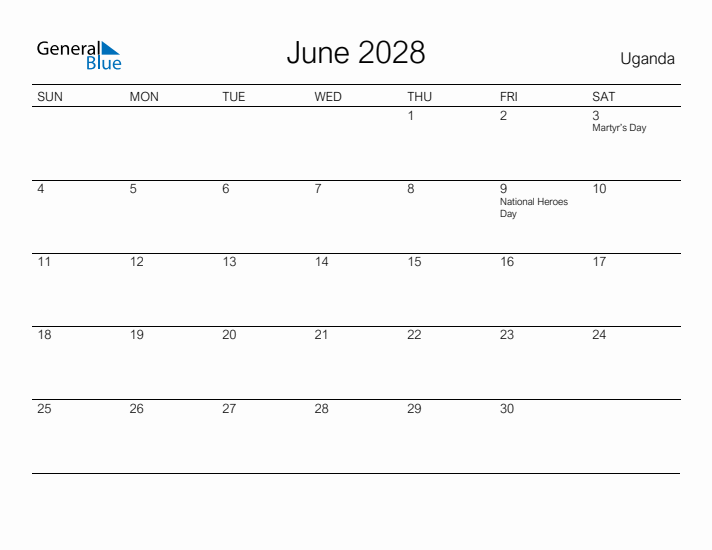 Printable June 2028 Calendar for Uganda