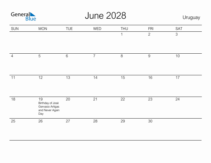 Printable June 2028 Calendar for Uruguay