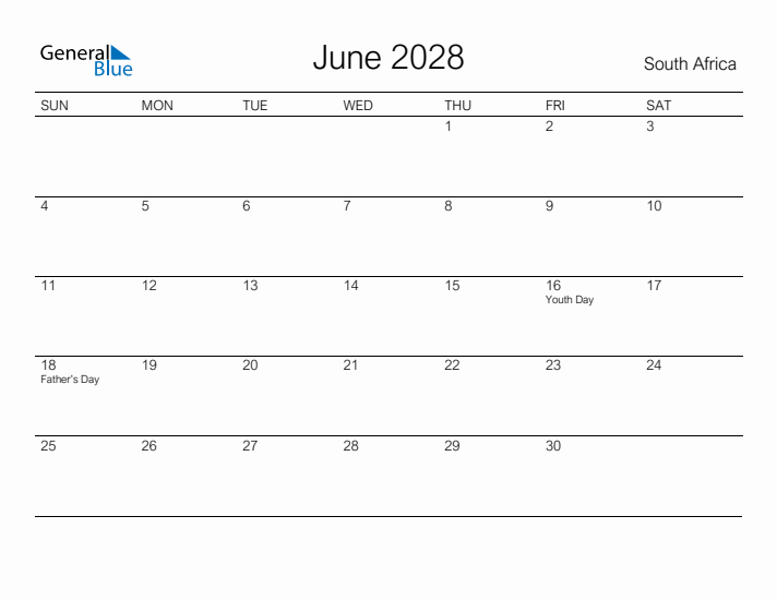 Printable June 2028 Calendar for South Africa