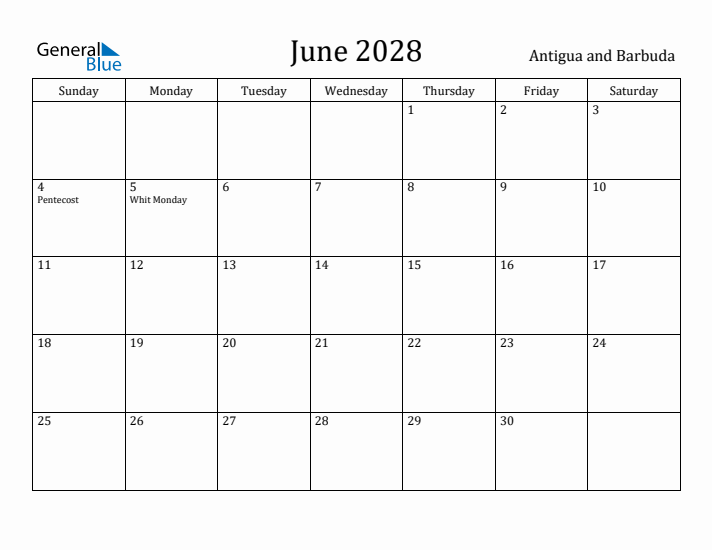 June 2028 Calendar Antigua and Barbuda
