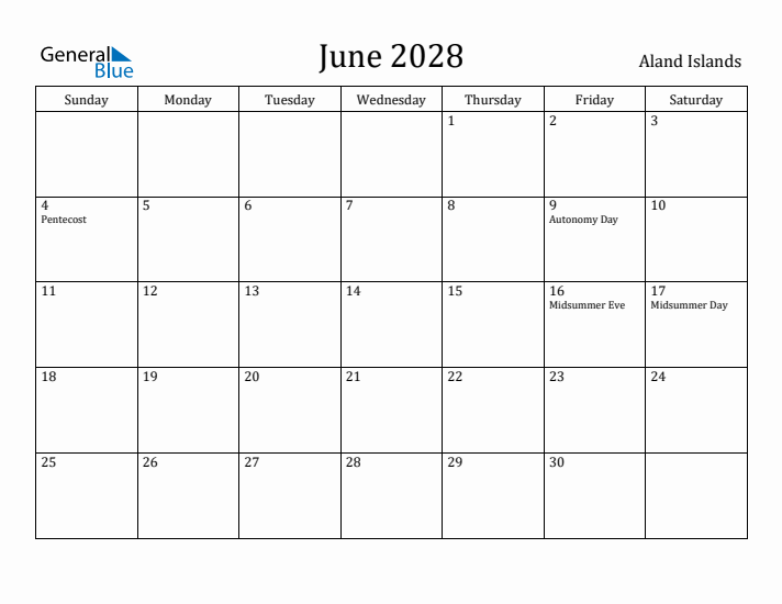 June 2028 Calendar Aland Islands