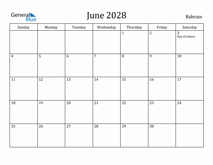 June 2028 Calendar Bahrain
