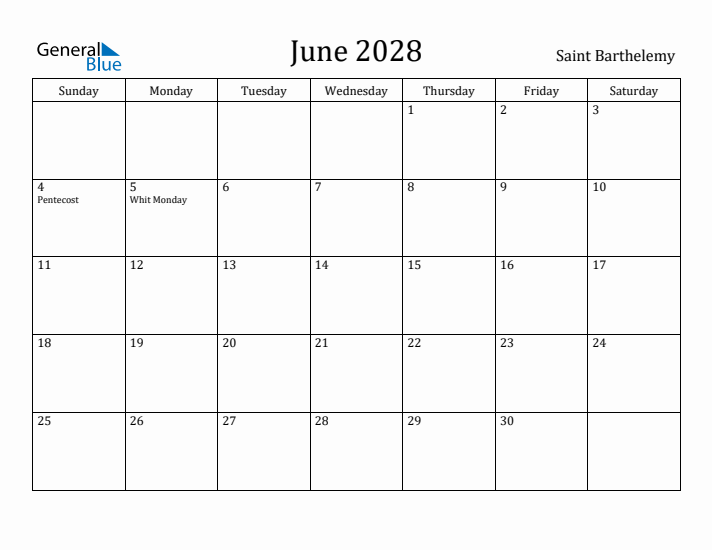 June 2028 Calendar Saint Barthelemy
