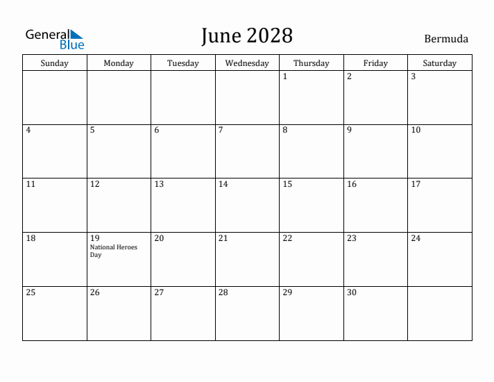 June 2028 Calendar Bermuda