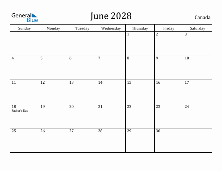 June 2028 Calendar Canada