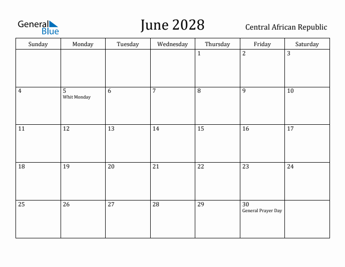 June 2028 Calendar Central African Republic