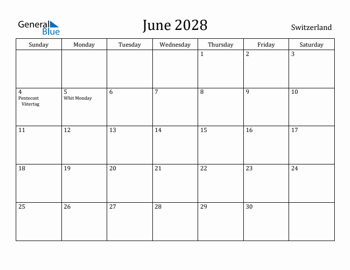 June 2028 Calendar Switzerland