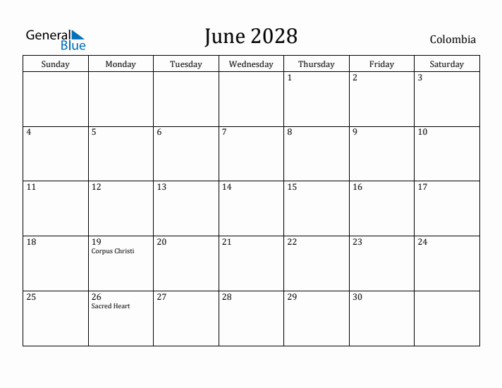 June 2028 Calendar Colombia