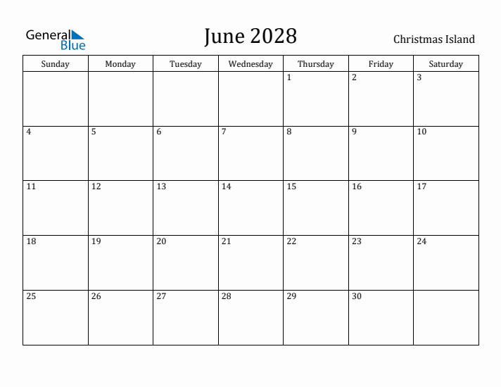 June 2028 Calendar Christmas Island