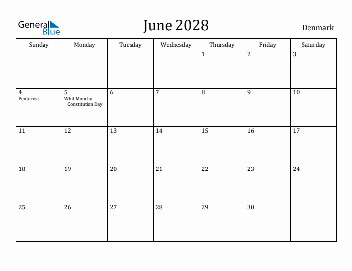 June 2028 Calendar Denmark