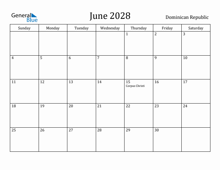 June 2028 Calendar Dominican Republic
