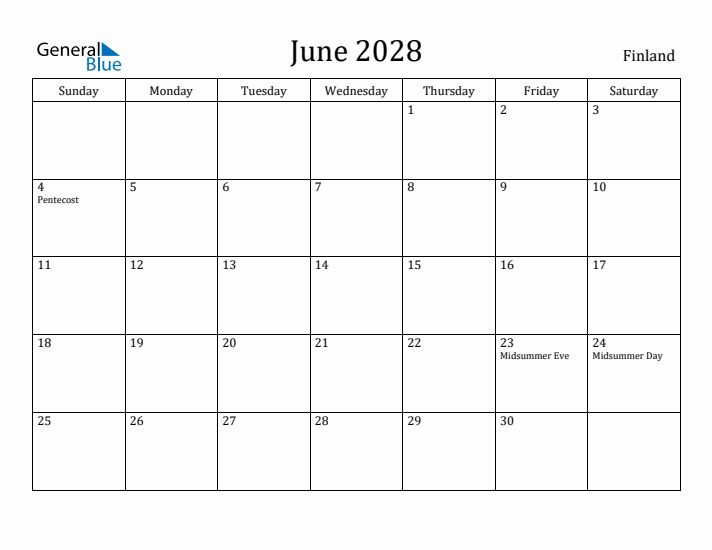 June 2028 Calendar Finland
