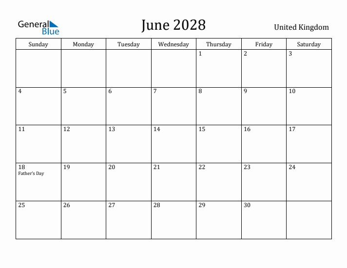 June 2028 Calendar United Kingdom