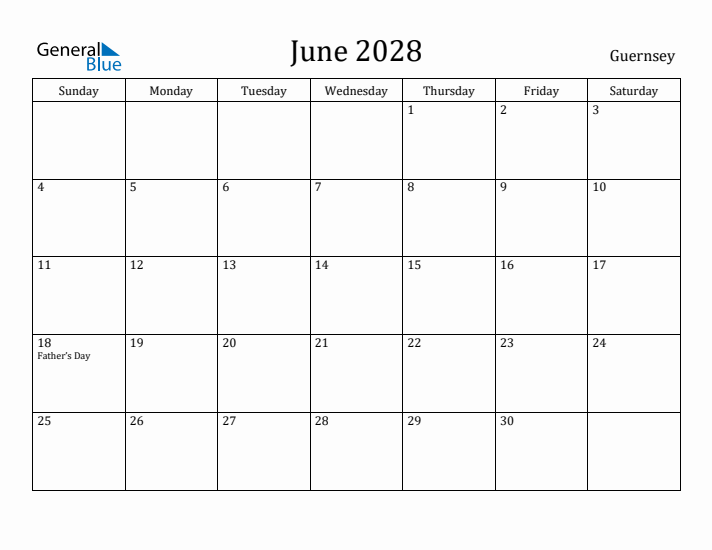 June 2028 Calendar Guernsey