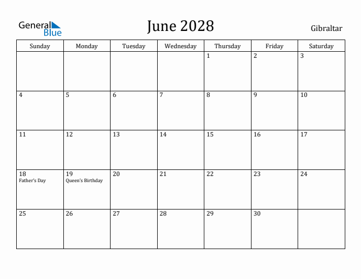 June 2028 Calendar Gibraltar