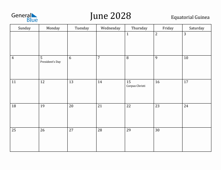 June 2028 Calendar Equatorial Guinea