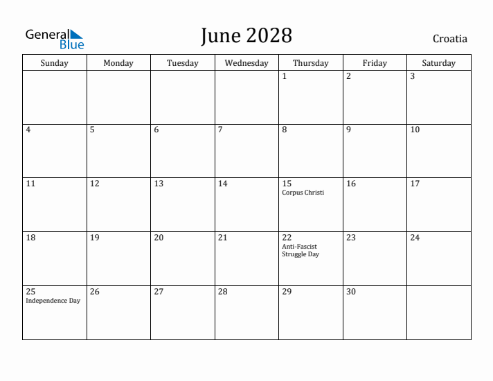 June 2028 Calendar Croatia
