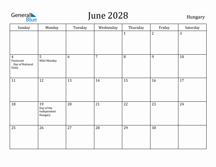 June 2028 Calendar Hungary