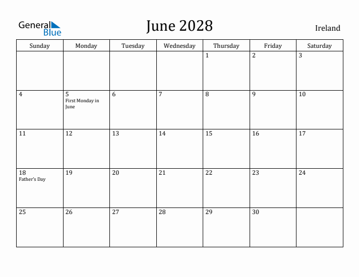 June 2028 Calendar Ireland