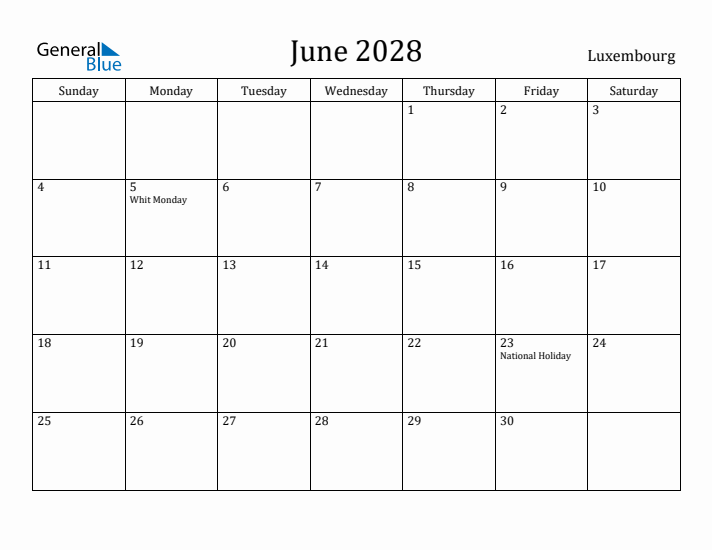 June 2028 Calendar Luxembourg