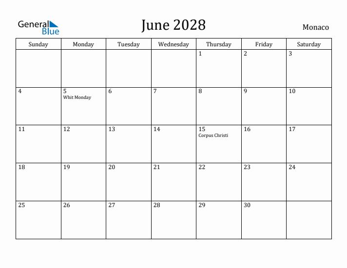 June 2028 Calendar Monaco