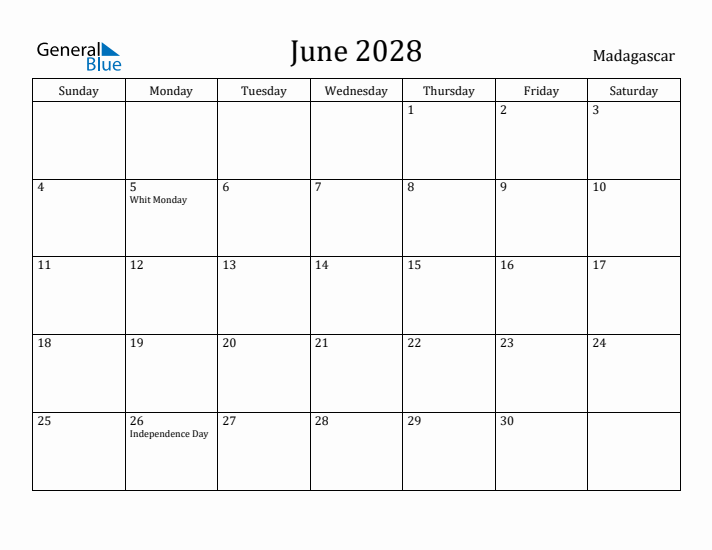 June 2028 Calendar Madagascar