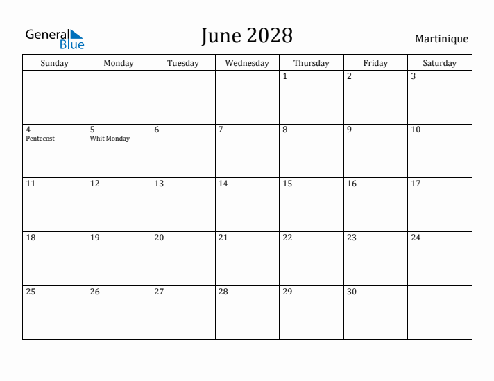 June 2028 Calendar Martinique