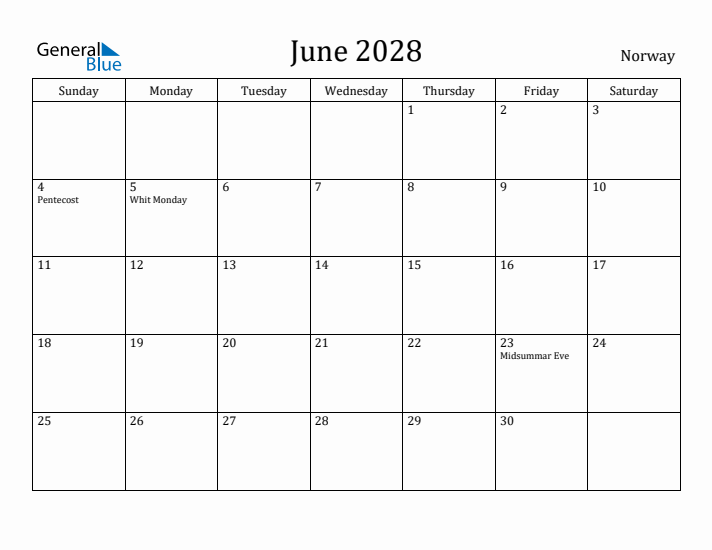 June 2028 Calendar Norway