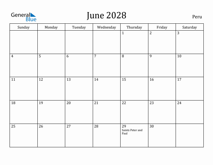 June 2028 Calendar Peru