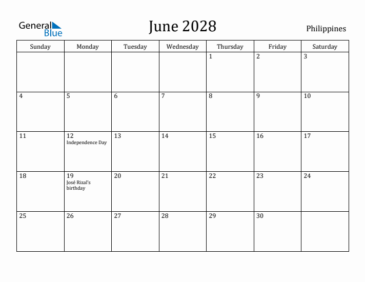 June 2028 Calendar Philippines