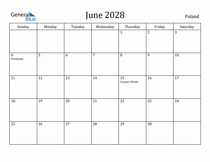 June 2028 Calendar Poland