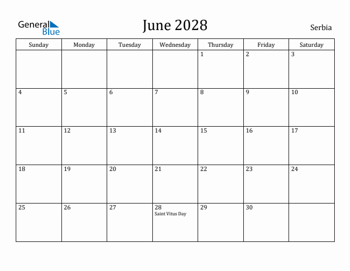 June 2028 Calendar Serbia