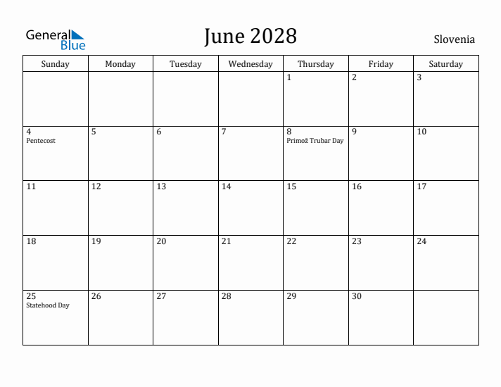June 2028 Calendar Slovenia