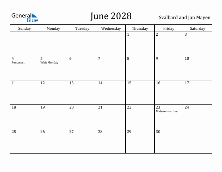 June 2028 Calendar Svalbard and Jan Mayen