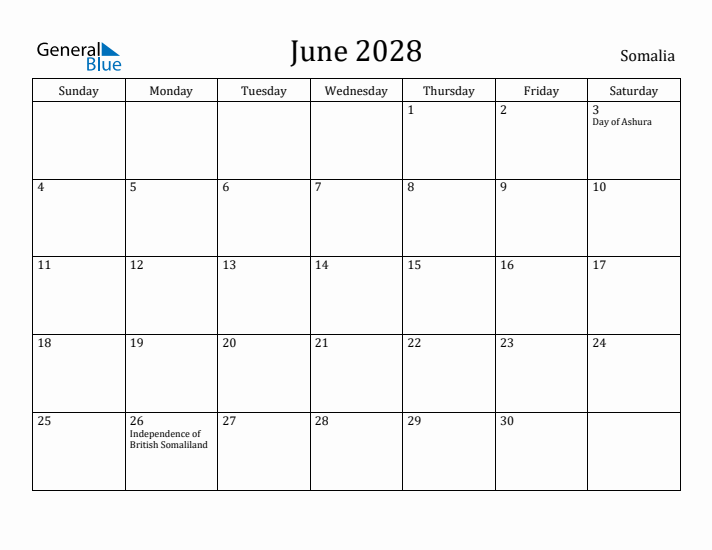 June 2028 Calendar Somalia