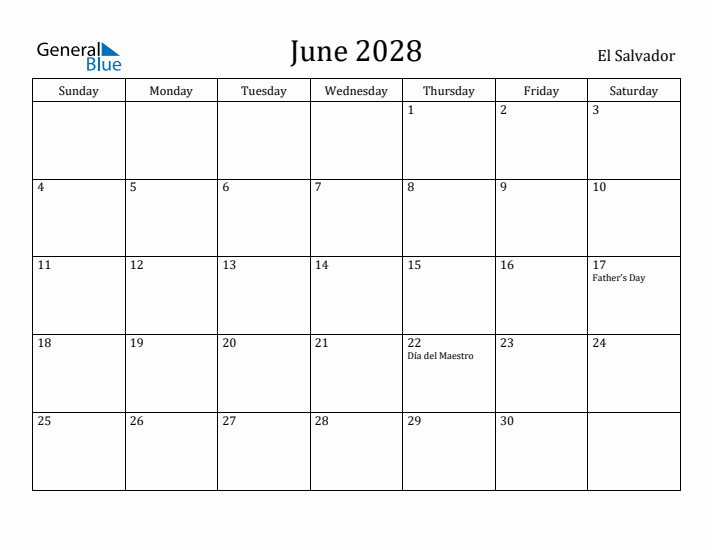 June 2028 Calendar El Salvador