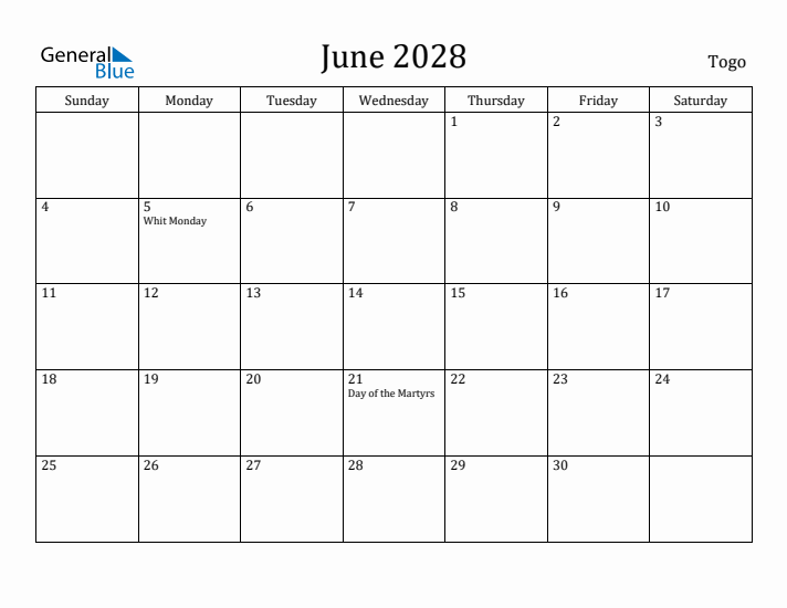 June 2028 Calendar Togo