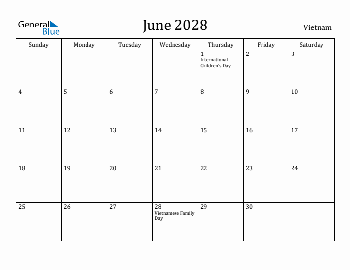 June 2028 Calendar Vietnam