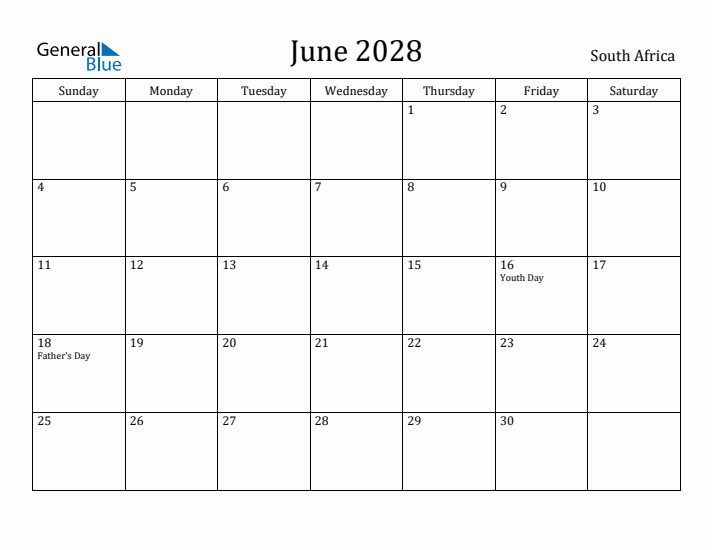 June 2028 Calendar South Africa