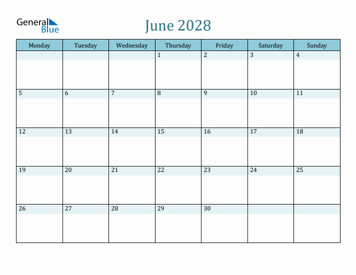 June 2028 Printable Calendar