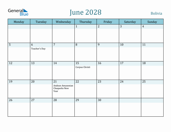 June 2028 Calendar with Holidays