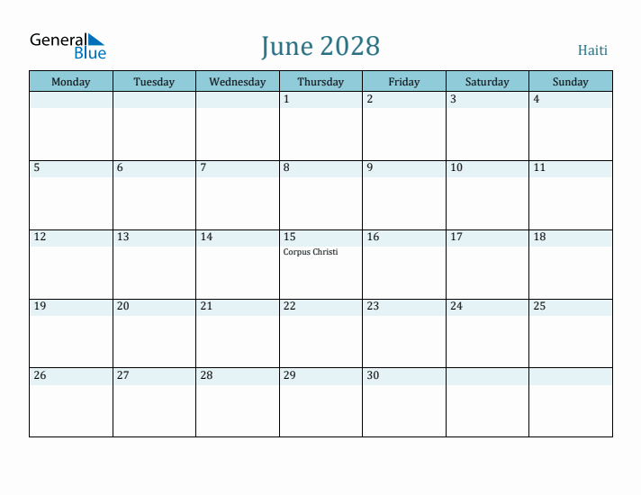 June 2028 Calendar with Holidays